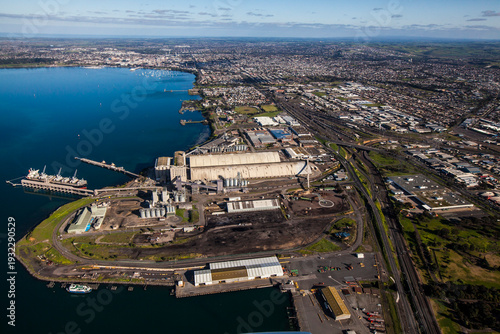 Obraz na plátně Aerial view of industrial shipping port and logging terminal in North Geelong, V