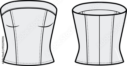 "Technical flat sketch illustration of strapless corset top front and back view, detailed garment design drawing for fashion industry, sewing pattern, apparel specification sheet"