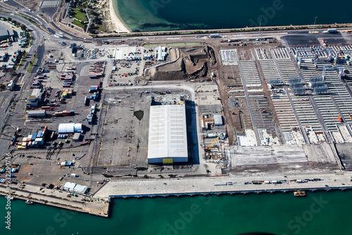 Aerial view of industrial port construction and shipping terminal at Webb Dock, Melbourne