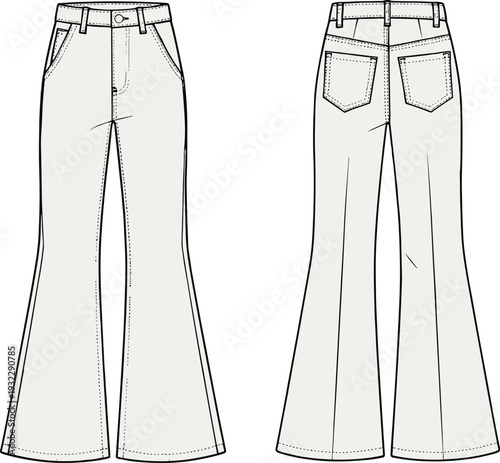 "Technical flat sketch illustration of flared pants with waistband, pockets, and seam details front and back view, garment design drawing for fashion industry sewing pattern specification"