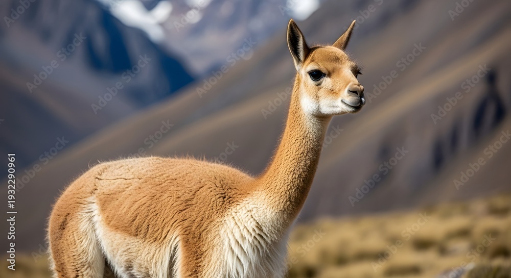 Fototapeta premium Vicu a standing in a mountainous landscape