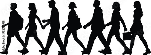 Side view black silhouettes of diverse people walking in a row, men and women moving forward, urban crowd walking isolated on white background.