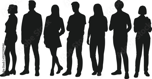 Full length black silhouettes of diverse men and women standing in a row, casual group of professional people isolated on plain white background.