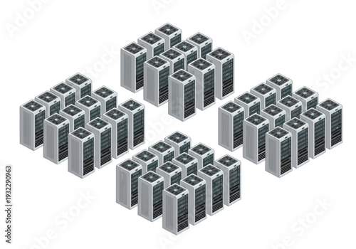 A large cluster of data servers arranged in four symmetrical groups, representing a significant data center or computing infrastructure