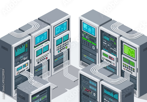 Server room with racks of computers and network equipment, digital technology concept
