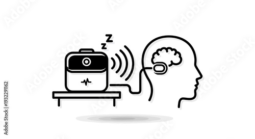 Black and white icon of sleep therapy with headphones and machine