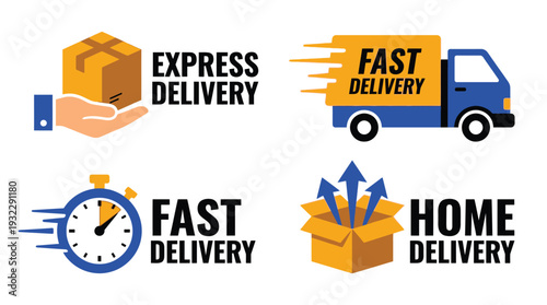 Express fast and home delivery service icons with truck box and stopwatch