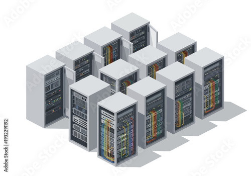 Isometric depiction of a server room with multiple computer racks and network cables, showcasing data center infrastructure