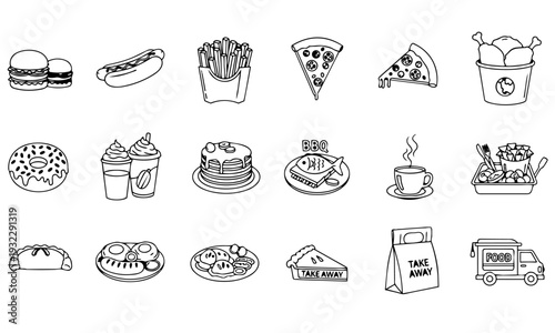 Fast Food Line Icon Set – Burger, Pizza, Fries, BBQ, Coffee and Takeaway Vector Collection