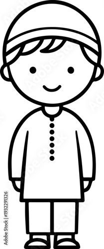 Smiling boy wearing traditional Muslim clothing and kufi cap