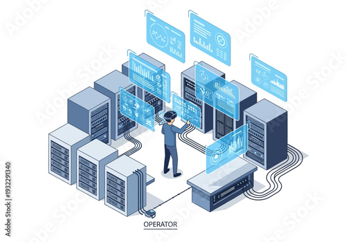Data center operator interacting with futuristic holographic displays in a modern server room