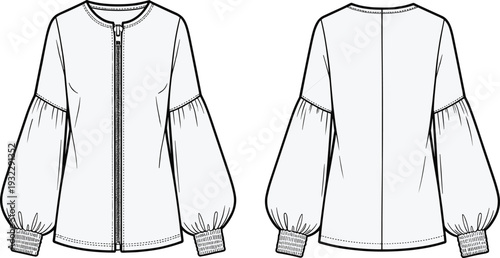 "Technical fashion flat sketch of long-sleeve jacket with balloon sleeves, round neckline, zipper closure, ribbed cuffs, relaxed fit, garment construction design front and back views"