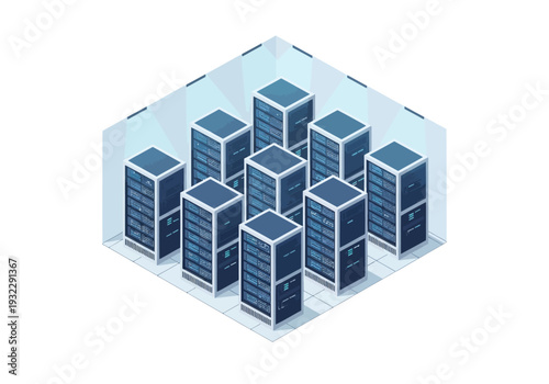 Isometric illustration of a server room with multiple racks of computers in a data center environment