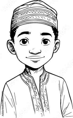 Smiling boy wearing traditional Muslim clothing and kufi cap