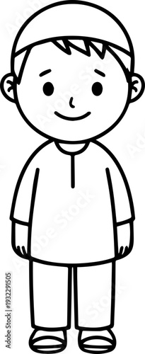 Smiling boy wearing traditional Muslim clothing and kufi cap