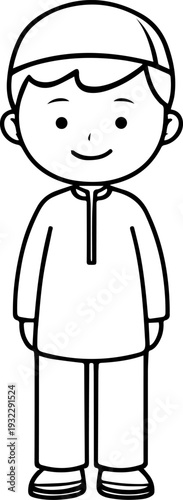 Smiling boy wearing traditional Muslim clothing and kufi cap