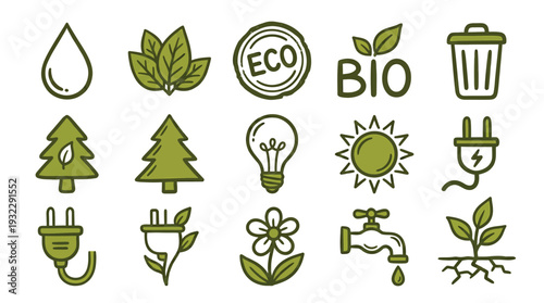 Set of green hand drawn eco friendly icons illustrating environmental sustainability