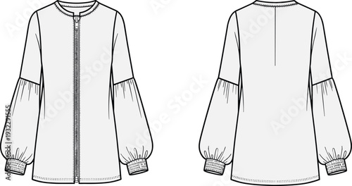 "Technical fashion illustration of long-sleeve blouse jacket with puffed sleeves, round neckline, zipper closure, ribbed cuffs, relaxed fit, garment construction design sketch front and back views"
