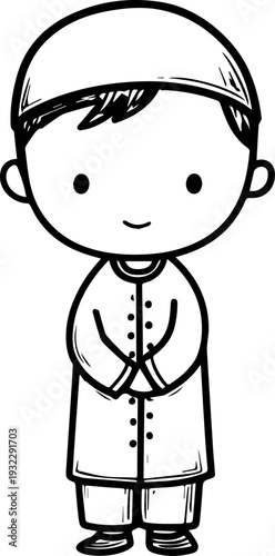 Smiling boy wearing traditional Muslim clothing and kufi cap