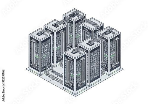 Modern server room setup featuring multiple racks in a clean, efficient arrangement