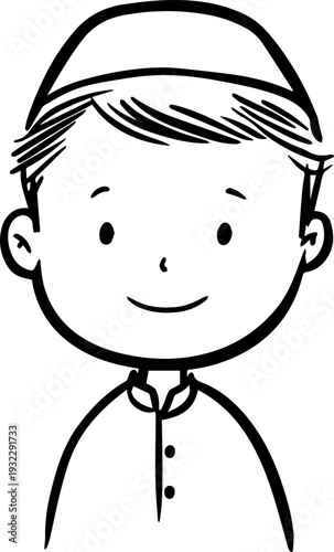 Smiling boy wearing traditional Muslim clothing and kufi cap