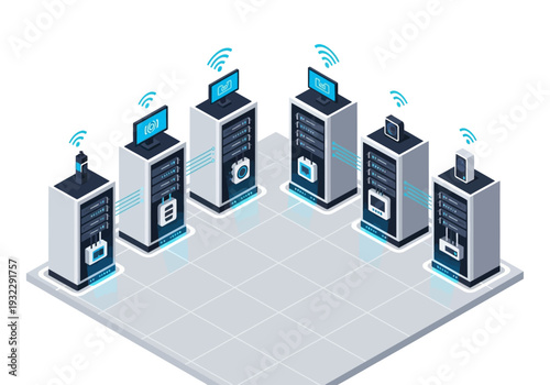 Abstract isometric illustration of futuristic server racks with glowing screens and wireless signals indicating network connectivity