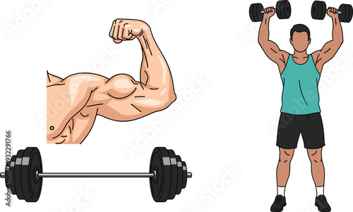 Bodybuilding Strength Training Illustration Set with Muscular Arm Barbell and Athlete Performing Dumbbell Shoulder Press for Gym and Fitness Design.