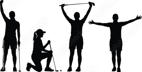 Golf player silhouettes set showing different poses with golf club, celebrating, aiming and standing isolated on white background sports illustration