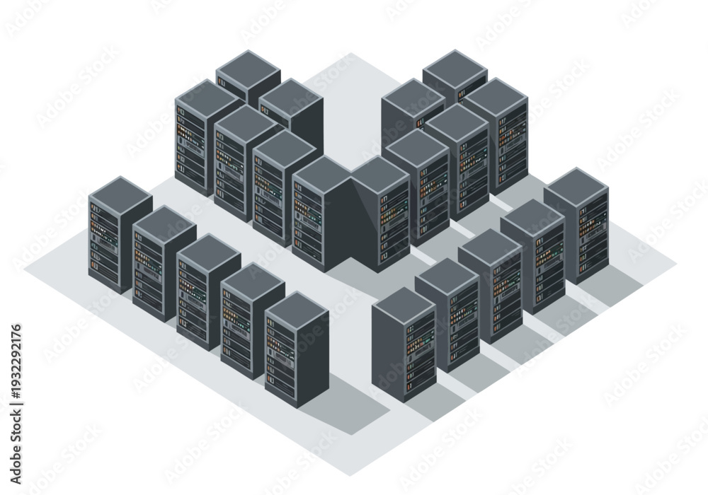Fototapeta premium Data center server racks arranged in a V-shape, representing network infrastructure and cloud computing concepts