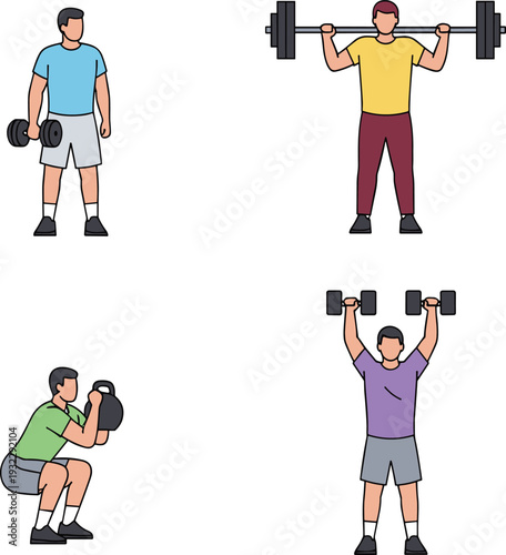 Flat Illustration Set of Men Performing Strength Training Exercises with Dumbbells and Barbell Including Squat Shoulder Press and Weightlifting Workout Poses.
