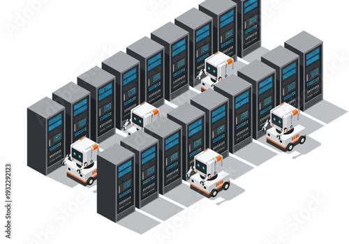 Modern data center with automated robots moving servers in a clean, organized environment