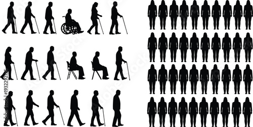 Elderly people silhouettes collection showing seniors walking with cane, sitting, wheelchair use and standing figures isolated on white background
