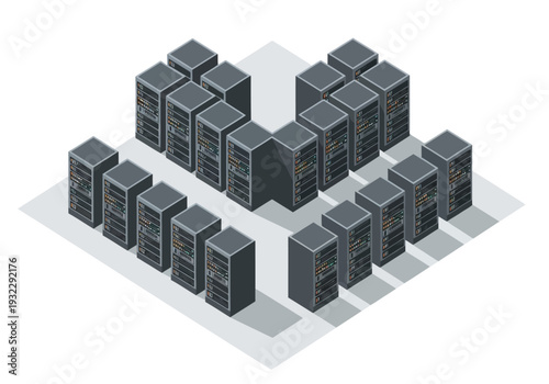 Data center server racks arranged in a V-shape, representing network infrastructure and cloud computing concepts