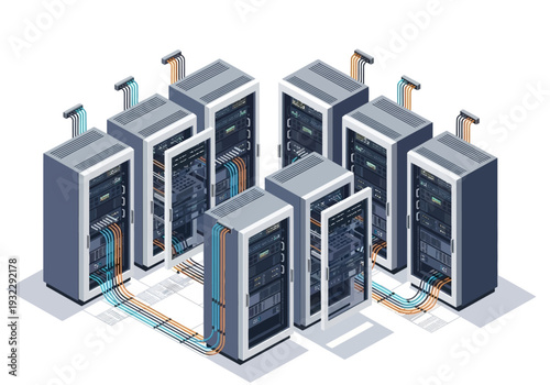 Data center server rack array with multiple interconnected servers and network cables