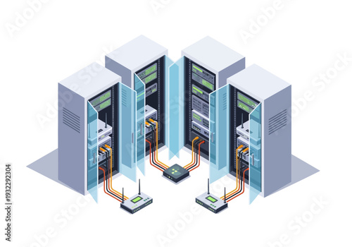 Network server racks connected by cables and routers, illustrating data center infrastructure
