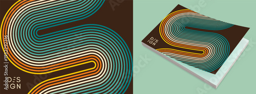 A retro 1970s-style background. Colored lines. Abstract, dynamic curved ribbons. A serpentine curve of a race track. Softcover book layout. Vector for brochure, planner, cover, notebook or notepad.