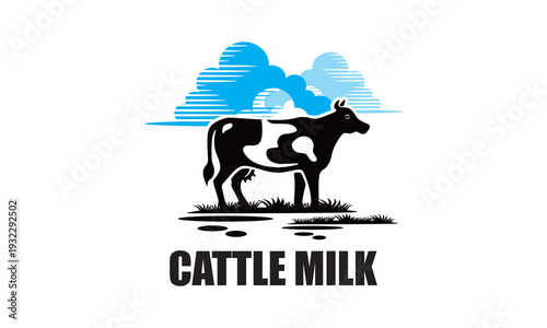 cute cowmilk walking in field logo, silhouette of elegant cattle in organic farm vector illustrations  
