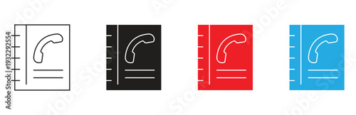 Set of four minimalist icons depicting a phone book or contact list with a handset symbol in black white red and blue on a clean background for digital use