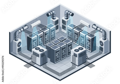 Advanced data center server room with cooling units and ventilation systems, illustrating IT infrastructure and technology