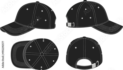Baseball cap vector template with front side back and top views isolated on white background for apparel branding mockup design
