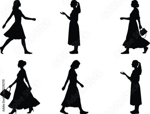 Compilation of six black female silhouettes in elegant dresses, performing actions such as walking and holding accessories.