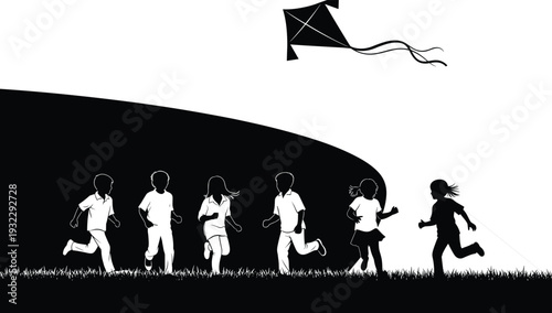Children flying kite silhouette scene with kids running on grass isolated on white background for outdoor fun and summer activity design