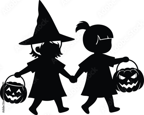 Halloween kids silhouettes holding pumpkin buckets wearing witch costume isolated on white background for trick or treat design
