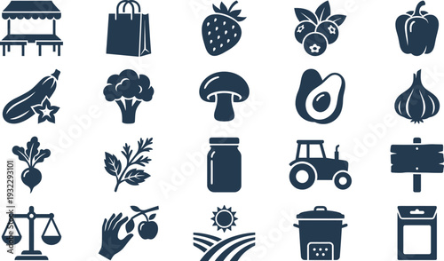 Illustrative vector icons representing fresh produce, farming, market, and agricultural themes.
