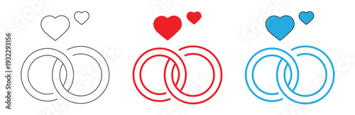 Set of colorful neon wedding rings icons with glowing hearts, symbolizing love, marriage, and engagement, perfect for celebration and romantic designs.