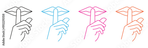 Set of four minimalist outline icons depicting a hand with a finger on lips signaling silence, presented in black, blue, pink, and orange on a white background, conveying a concept of quiet and secrec