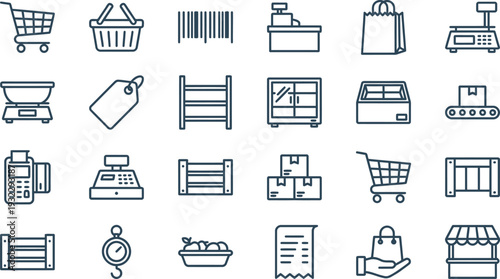 Collection of outline icons representing various elements of retail, shopping, and commerce