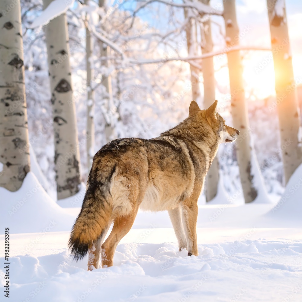 Fototapeta premium A wolf stands in a snowy forest, facing toward the sun. Trees line the background, with white snow and a golden glow