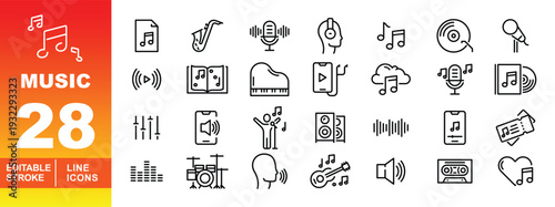 Music and Audio Entertainment Icons. Editable stroke icons for concert tickets & streaming apps. Featuring saxophone, piano, drum kit, microphones, concert tickets, and music player symbols.