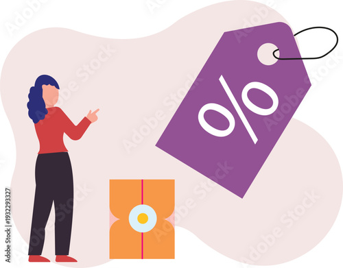 The girl is next to the discount tag